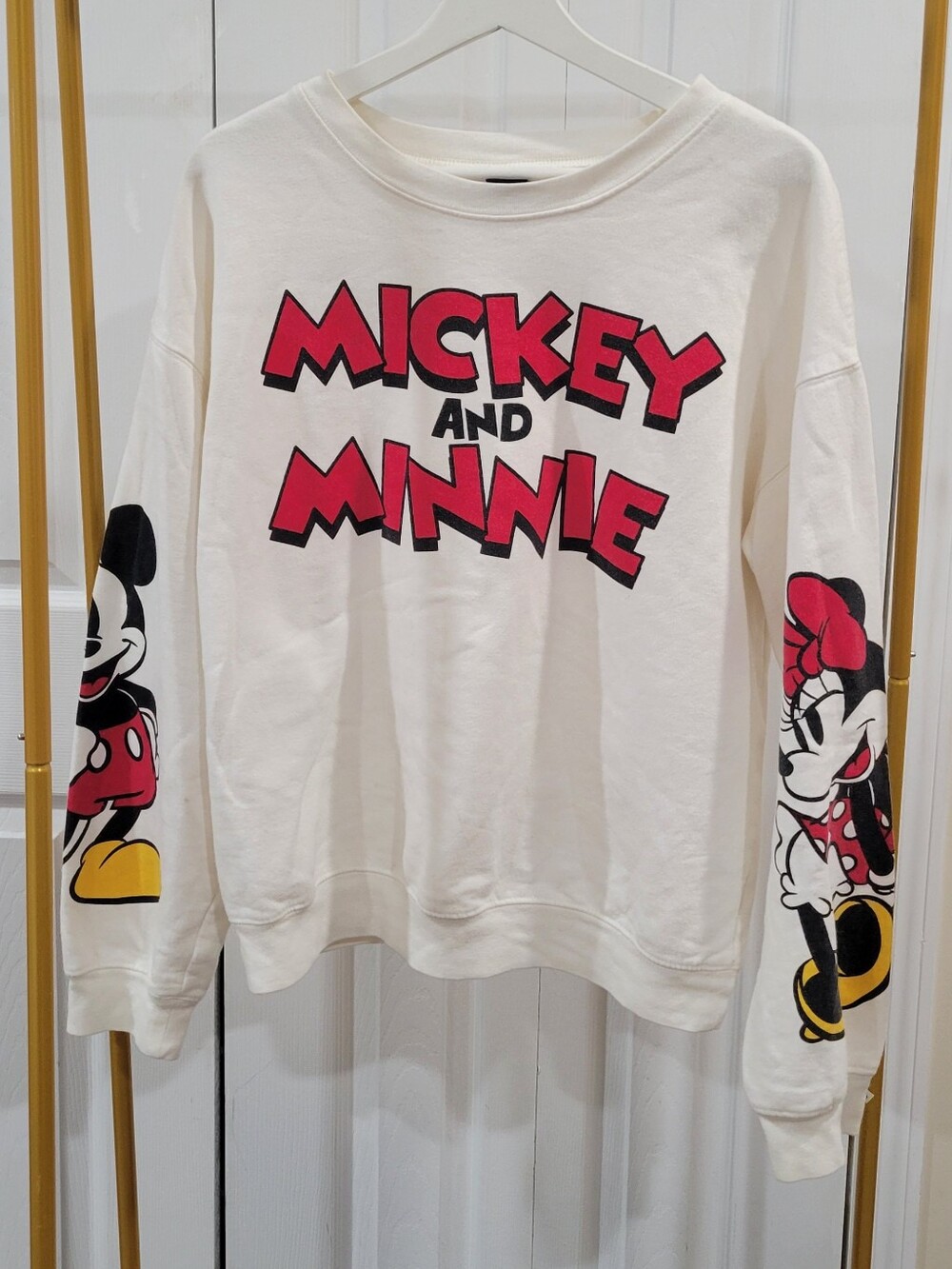 Mickey and Minnie Graphic Crewneck Sweatshirt - White with Red Accents